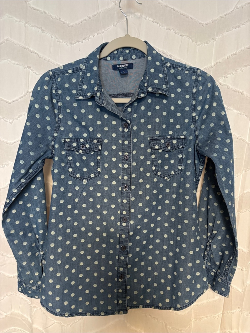 Old Navy Blue Denim Polka Dot Button-Up Shirt